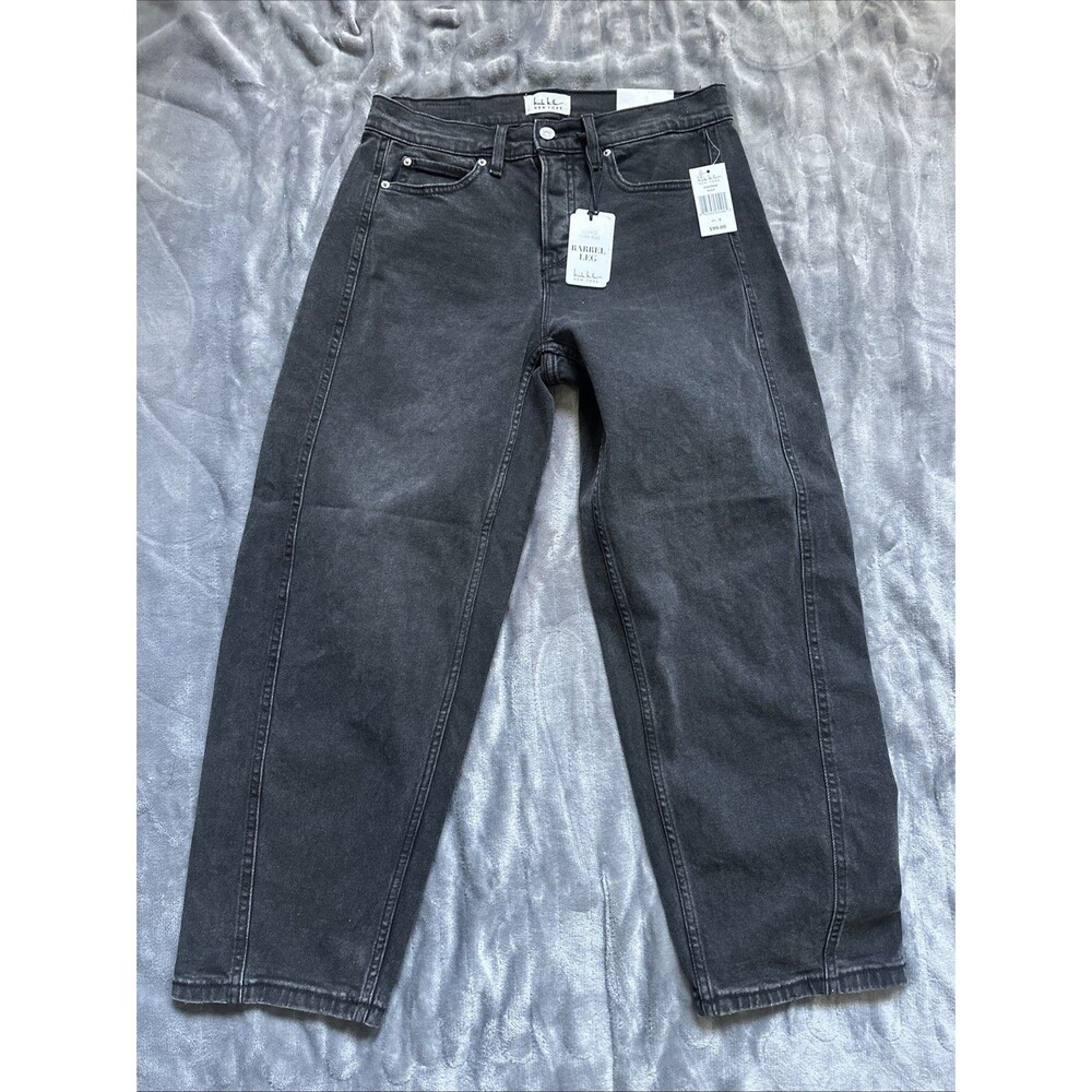 Nicole Miller Cropped High Rise Barrel Leg Jeans in Washed Black, 4 [A023]